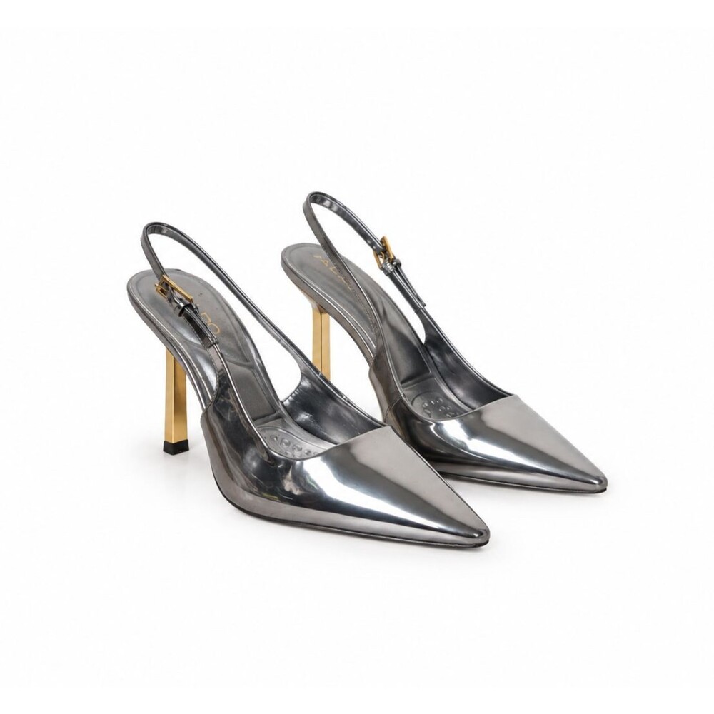 ALDO Chrome Silver Slingback Heels Women 12 Pointed Toe Gold Stiletto Party